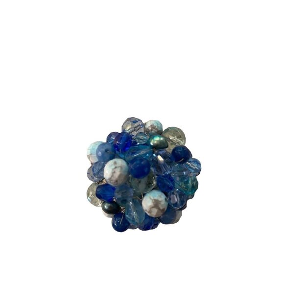 Mixed Blue Tones Beaded Cluster Brooch Statement 2.5" Diameter Pin - Picture 3 of 12